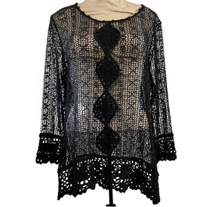 VTG 90s Boho Black Crochet Sheer Appliqué Ribbon Open Knit Whimsigoth Tunic L